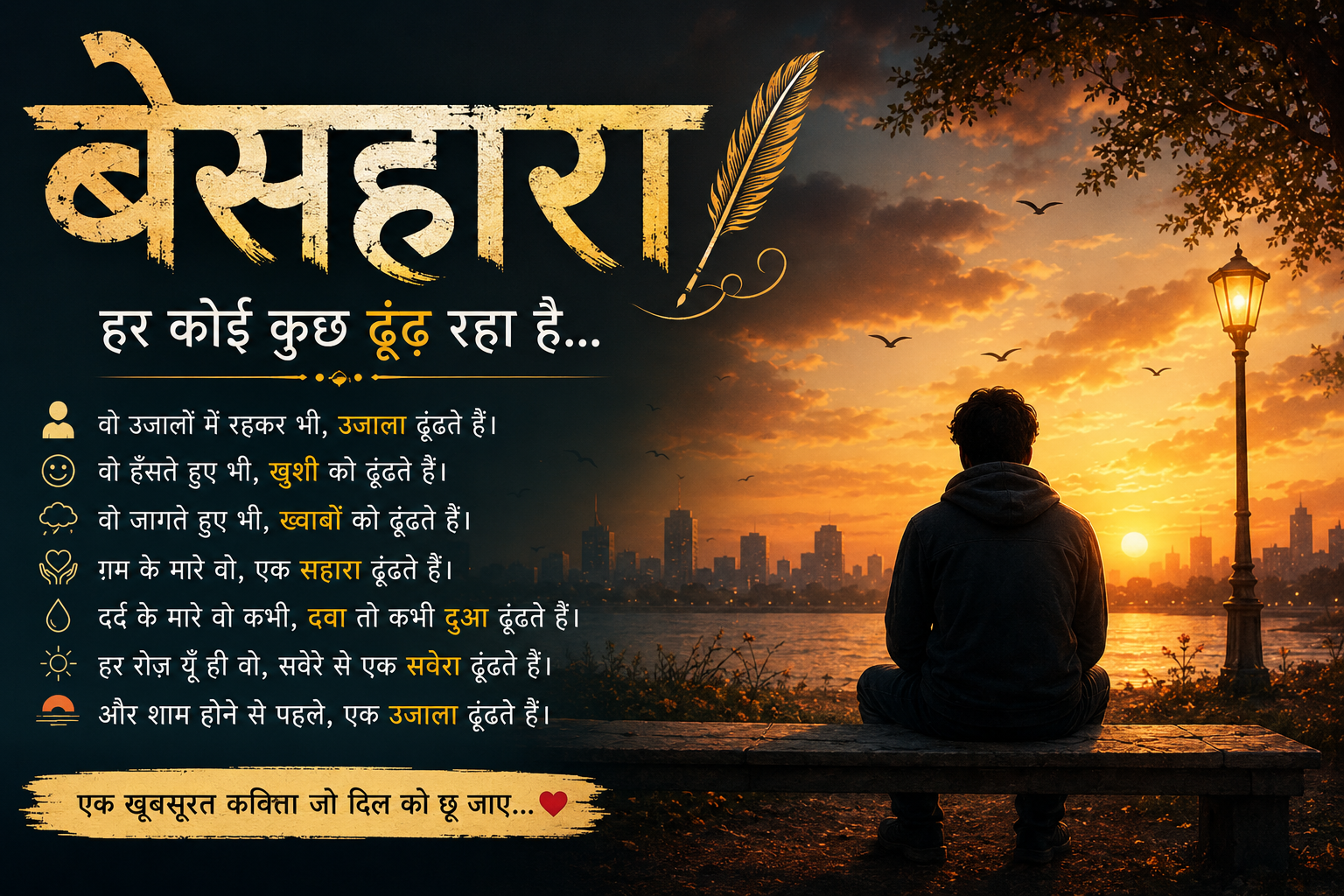 सूर्यास्त के समय नदी किनारे बैठे एक अकेले इंसान की भावुक तस्वीर, जिस पर “बेसहारा – हर कोई कुछ ढूंढ़ रहा है” हिंदी कविता का शीर्षक लिखा है।