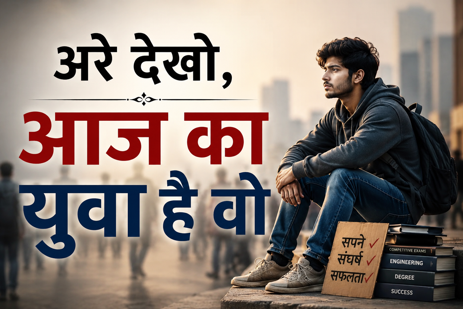 एक प्रेरणादायक पोस्टर जिसमें एक युवा लड़का संघर्ष और सपनों के बारे में सोचता हुआ दिखाई दे रहा है, साथ में लिखा है “अरे देखो, आज का युवा है वो।”