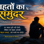 चाहतों का समुंदर प्रेरणादायक हिंदी पोस्टर, समुद्र किनारे खड़ा व्यक्ति, जीवन की इच्छाओं, मोह माया और आत्म-नियंत्रण पर मोटिवेशनल संदेश