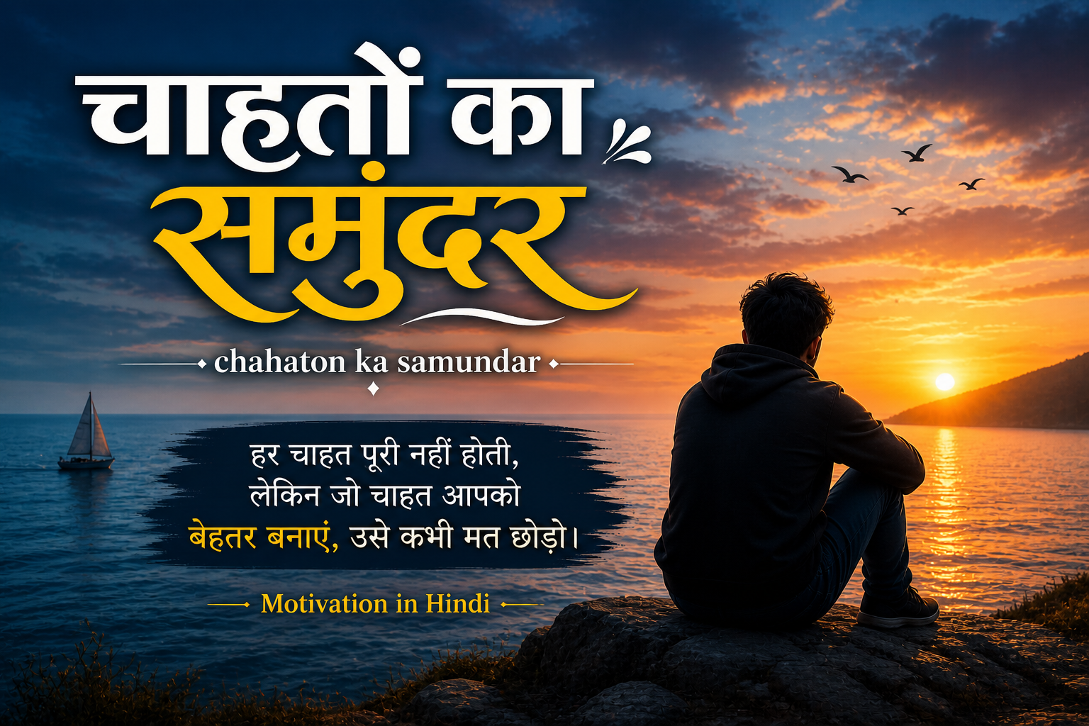 चाहतों का समुंदर प्रेरणादायक हिंदी पोस्टर, समुद्र किनारे खड़ा व्यक्ति, जीवन की इच्छाओं, मोह माया और आत्म-नियंत्रण पर मोटिवेशनल संदेश